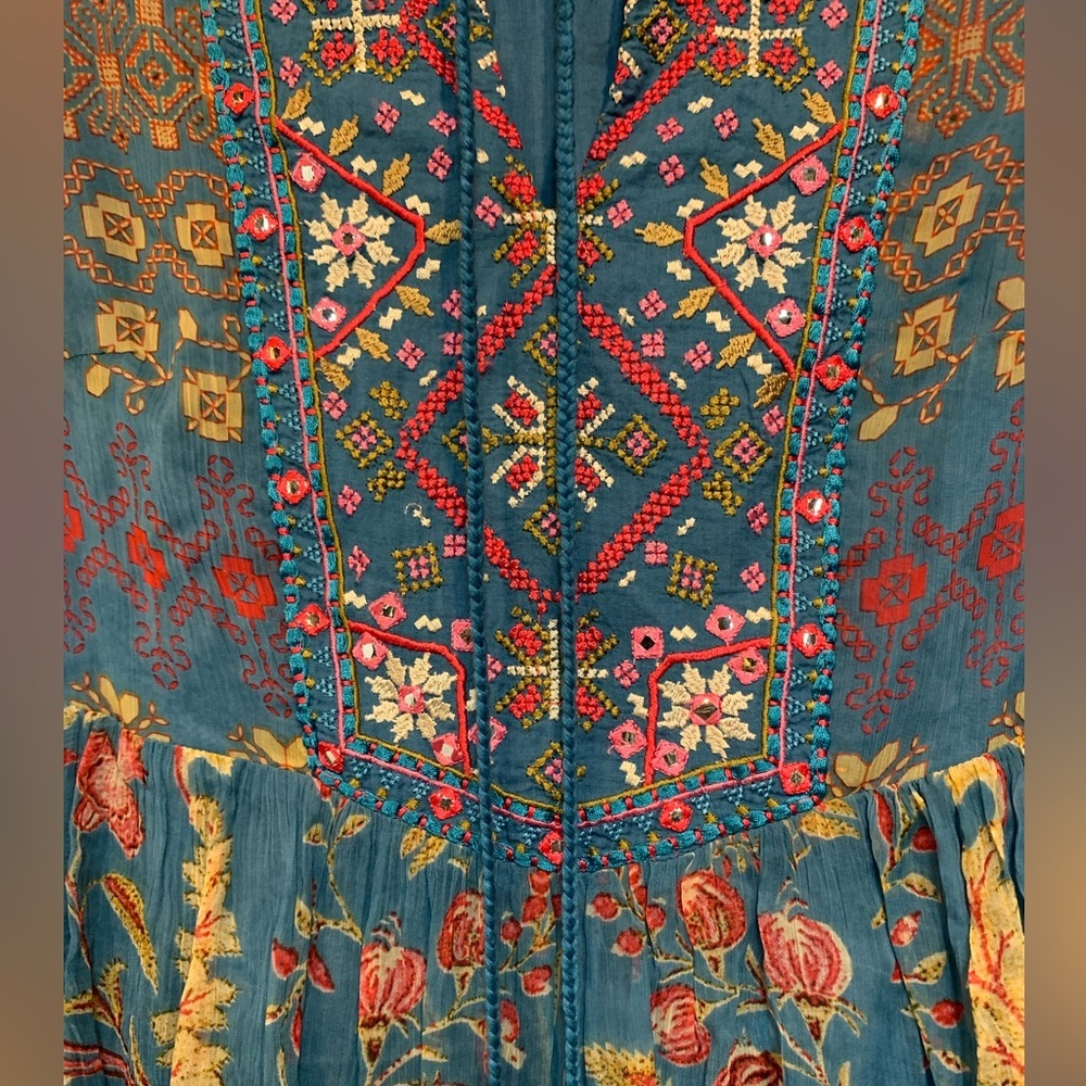 Soft Surroundings Teal Mirapani Embroidered Boho Dress Size P XS - Picture 4 of 7